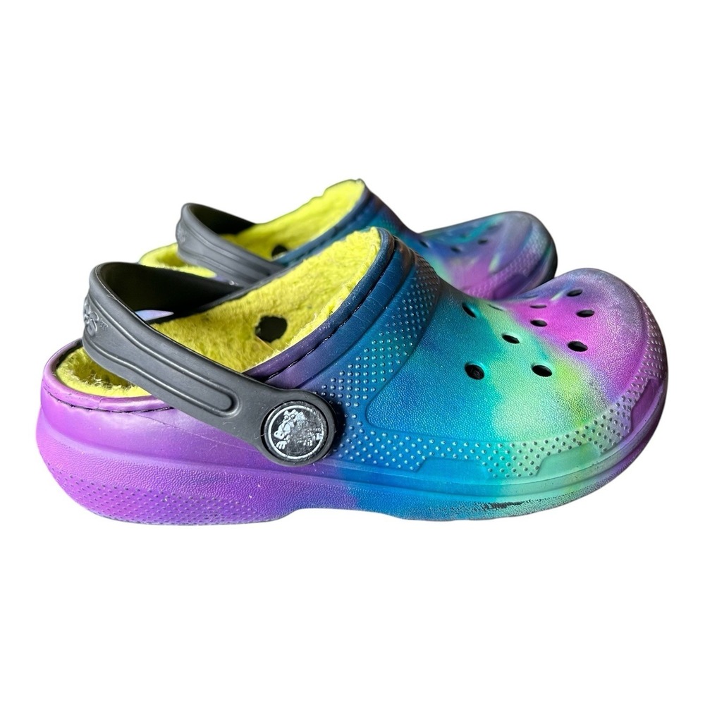 Crocs Kids Classic Tie Dye Graphic Lined Yellow Fuzzy Size 11